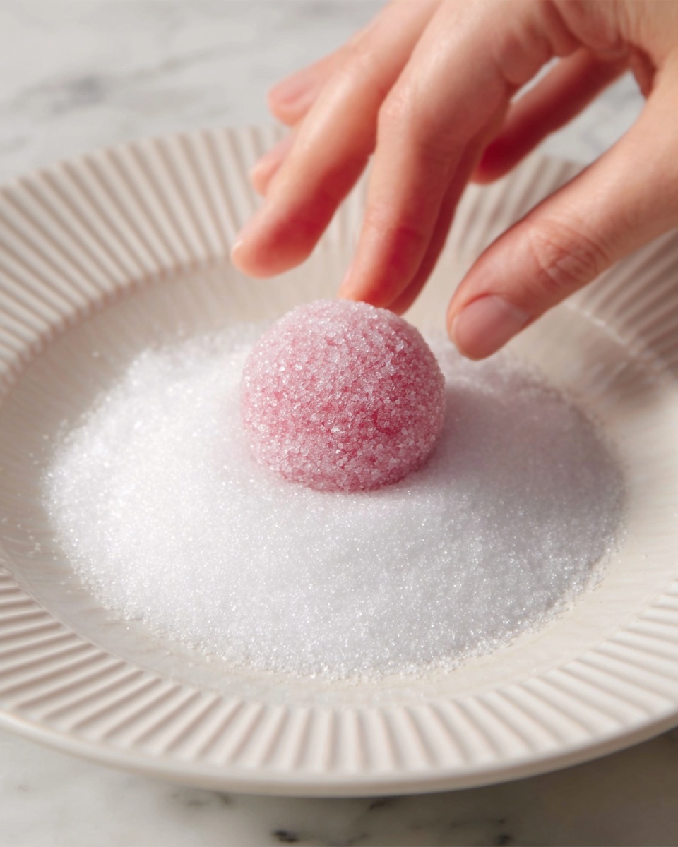 A woman’s hand is gently placing a round, pink mochi covered in sugar crystals into a white plate filled with a thick layer of white granulated sugar. The mochi has a smooth, slightly powdery surface with a light pink color. The white plate has a simple design with subtle ridges along the edge and is set on a white marbled surface. The photo is brightly lit, capturing the fine texture of the sugar and the soft appearance of the mochi photo taken with an iphone --ar 4:5 --v 7