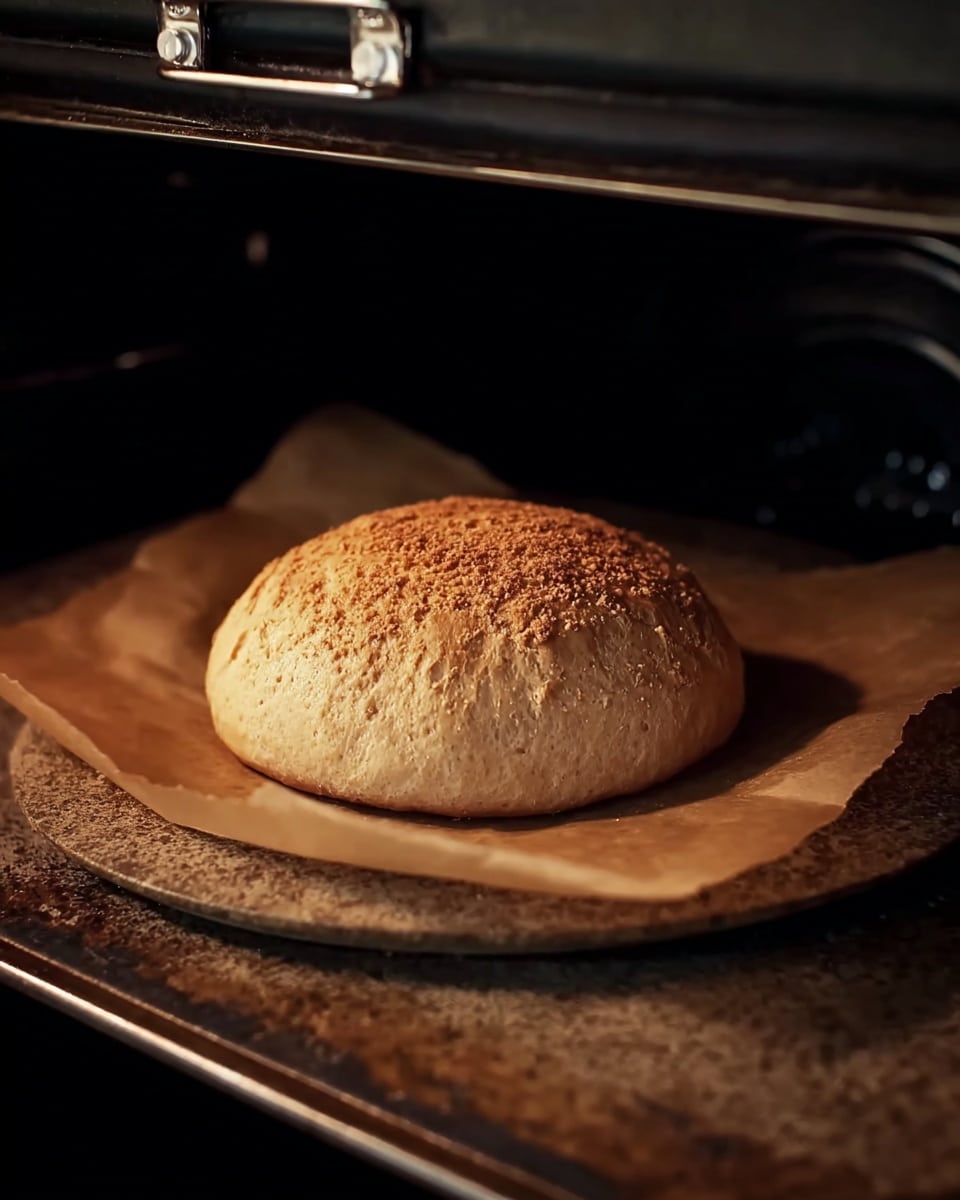 A single puffed-up round bread with a light brown crust sits on a piece of brown parchment paper. The bread has a slightly rough texture with small crushed crumbs on top. It rests on a round stone baking tray inside a dark oven with a shiny metal latch visible above. The stone tray has a worn, speckled look. The whole setup contrasts the warm tones of the bread and paper with the dark background. photo taken with an iphone --ar 4:5 --v 7