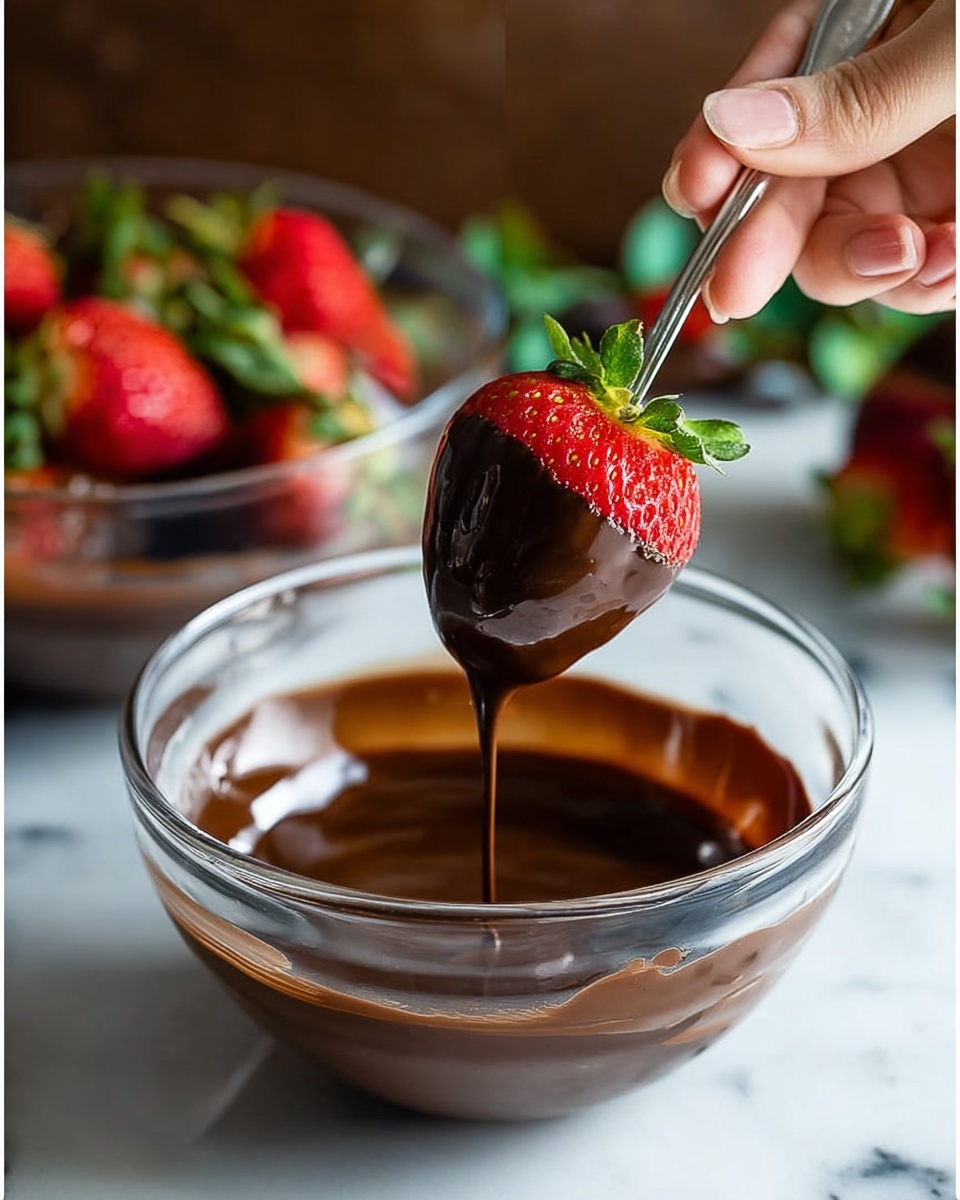 A clear glass bowl filled with smooth, shiny dark brown chocolate, resting on a white marbled surface. In the left image, a woman’s hand holds a bright red strawberry with green leaves, dipping it halfway into the chocolate. A spoon stands upright in the bowl, partially covered by the chocolate. In the right image, the woman’s hand lifts the strawberry, now covered in a glossy layer of chocolate with small ridges of dipped chocolate near the green leaves. The background is softly blurred with dark brown and green elements, creating a warm atmosphere. Photo taken with an iphone --ar 4:5 --v 7