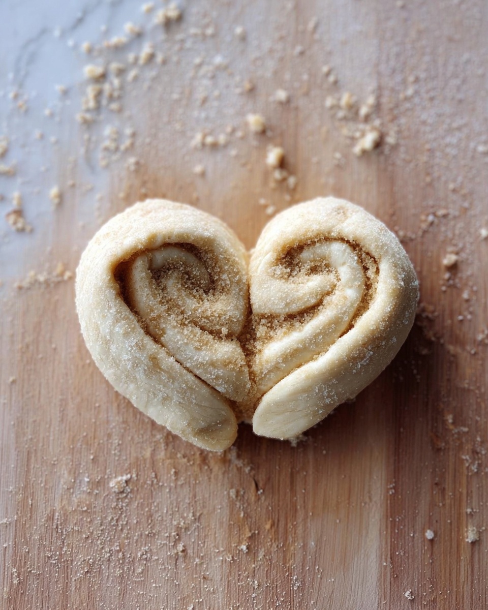 Two small rolls of light beige dough are shaped together to form a heart on a wooden surface with some scattered crumbs around them. The rolls have visible layers with a slightly sugar-coated texture on top. The background is a white marbled texture photo taken with an iphone --ar 4:5 --v 7