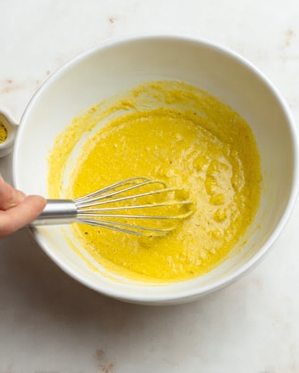 A white bowl on a white marbled surface contains a yellow batter with a smooth and slightly grainy texture, being mixed with a metal whisk held by a woman's hand. The batter sits in a single layer inside the bowl, showing small lumps and creamy streaks as it is being stirred. The lighting is soft, highlighting the vibrant yellow color and the shiny metal whisk. photo taken with an iphone --ar 4:5 --v 7