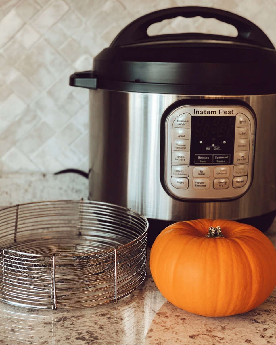 The image shows a close-up of an Instant Pot with its control panel facing forward. Next to it, on the right side, is a medium-sized round orange pumpkin with a smooth surface. To the left of the Instant Pot is a round metal rack with circular openings designed for holding items. The background is a countertop with a white marbled texture. The focus is on the Instant Pot and the pumpkin, which are both centered in the image. Photo taken with an iphone --ar 4:5 --v 7