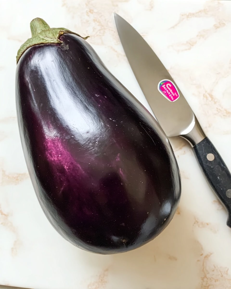 A large, smooth, shiny dark purple eggplant sits on a white marbled surface. A sharp kitchen knife with a silver blade and a dark handle lies near the top right corner of the eggplant. The eggplant has a small pink sticker near its middle. Photo taken with an iphone --ar 4:5 --v 7