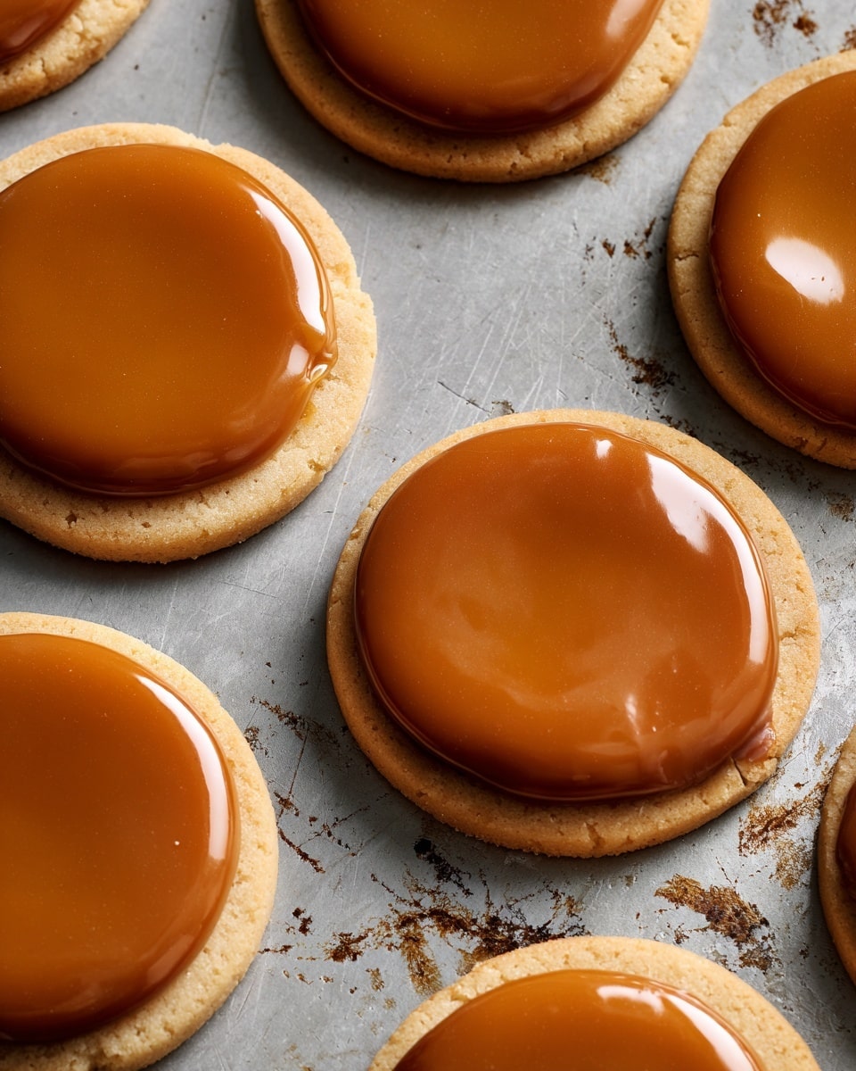 The image shows several round shortbread cookies placed on a scratched baking tray with a light metallic color. Each cookie has one layer: a smooth, shiny caramel-colored topping spread evenly over a light golden cookie base. The caramel layer covers most of the top surface of each cookie, creating a glossy contrast with the matte texture of the cookie underneath. The cookies are arranged loosely across the tray, with slight spacing between them. The photo is taken with an iphone --ar 4:5 --v 7