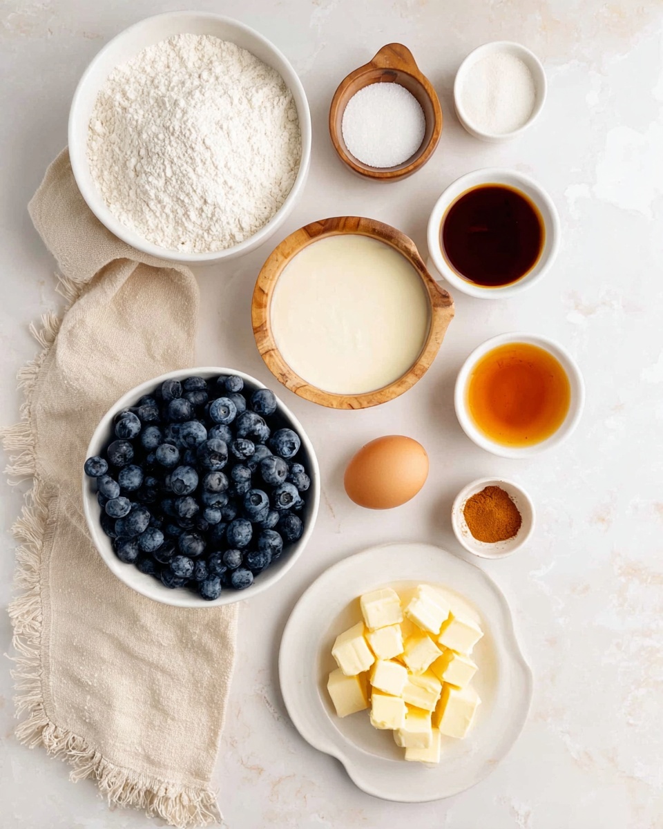 The image shows a top view of various ingredients neatly arranged on a white marbled surface. There is a white bowl filled with flour in the top left corner, next to a smaller beige bowl with sugar. Below these, a wooden bowl contains heavy cream. To the right of the cream is a small white bowl filled with vanilla extract and another with orange syrup, alongside a tiny white bowl with a pinch of baking powder and another with cinnamon powder. A large white bowl full of fresh blueberries stands out on the left, near a beige cloth with fringes. An egg and a white plate holding small cubes of butter complete the setup, all spaced evenly and ready for baking. Photo taken with an iphone --ar 4:5 --v 7