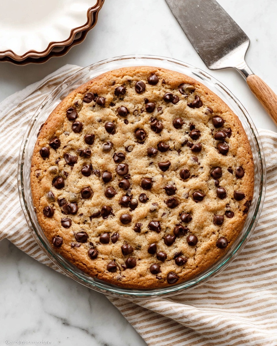 A large, round chocolate chip cookie sits in a clear glass pie dish, showing a golden-brown color with slightly darker edges and scattered shiny dark chocolate chips visible all over the top, creating a dense, textured surface. The pie dish rests on a white marbled surface next to a beige and white striped cloth. At the top left of the image, part of a white plate with a brown scalloped edge and a metal spatula with a wooden handle are visible. The lighting is soft, highlighting the cookie’s warm tones and the smooth glass dish. photo taken with an iphone --ar 4:5 --v 7