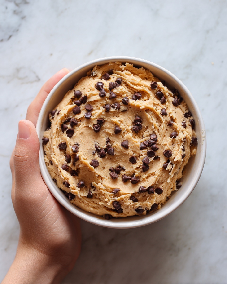 A round white bowl filled with thick, light brown cookie dough that has many small dark brown chocolate chips spread throughout. The dough fills the bowl evenly with a smooth top surface but slightly textured from the chips. A woman's hand is holding the bowl from the edge, showing a small part of the fingers. The background is a white marbled surface. Photo taken with an iphone --ar 4:5 --v 7