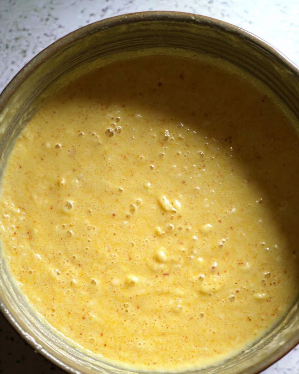 Pumpkin Magic Custard Cake Recipe 4 The image shows a close-up view of a thick, creamy yellow batter with small brown specks and bubbles throughout. It is inside a round metal bowl with a slightly textured inner surface. The batter looks smooth with a few small lumps and a wet, shiny texture. The background is a white marbled surface. Photo taken with an iphone --ar 4:5 --v 7