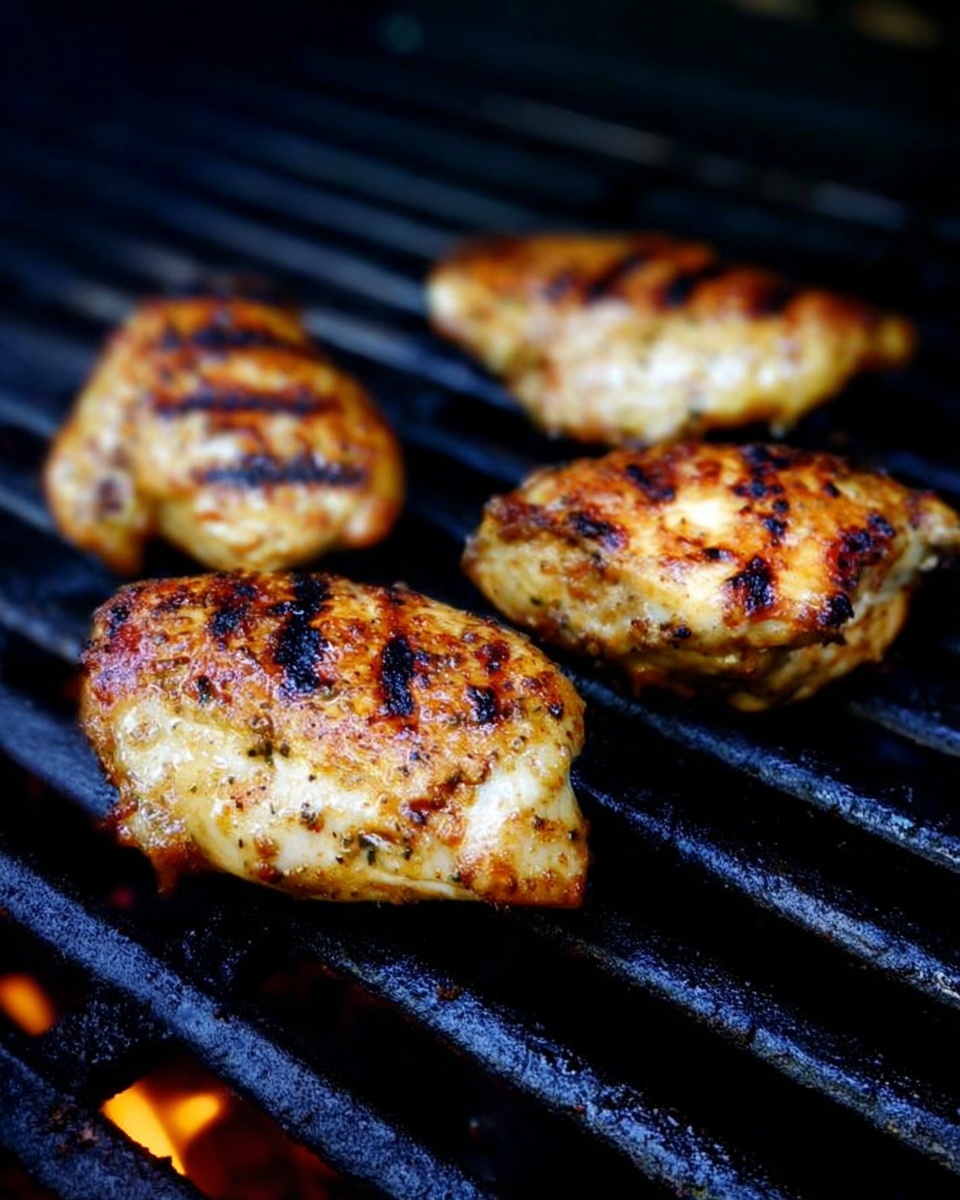 Four pieces of golden brown grilled chicken with visible char marks lie on black grill grates. The chicken pieces have a slightly uneven, crispy texture with some darker burnt spots. The grill is over a glowing heat source with hints of orange flames visible at the bottom edge. The background is dark, focusing attention on the chicken and grill. photo taken with an iphone --ar 4:5 --v 7
