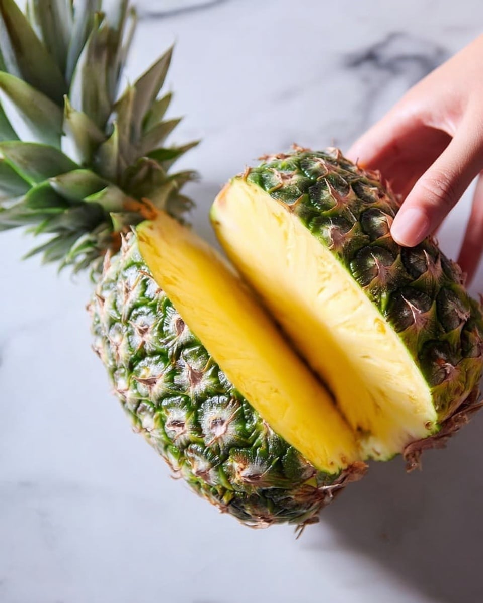 A close-up image shows a pineapple being cut in half vertically, held by a woman's hand on the top right side. The pineapple skin is textured with green and brown patterns, while the inside reveals a bright yellow, juicy flesh. The background is a white marbled surface. The lighting highlights the details of the pineapple’s rough skin and smooth inside. photo taken with an iphone --ar 4:5 --v 7
