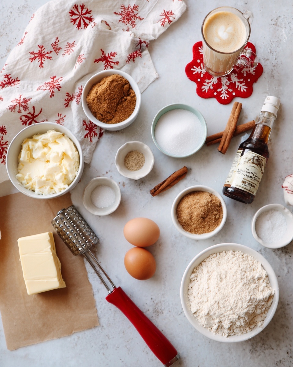 The image shows a white marbled table with baking ingredients neatly arranged. There is a stick of butter on brown paper in the bottom left corner, next to a red-handled grater. Two brown eggs are placed near the center. On the left side, a white bowl contains brown sugar, cinnamon, and flour. Next to it is a small bowl of white sugar with a silver spoon. In the middle, there are small white bowls holding ground spices and salt. A bottle of vanilla extract is standing near the right side, close to a white bowl filled with light brown sugar. At the top right, an additional white bowl holds a mix of flour and other ingredients. A glass with a light frothy drink sits on a red coaster shaped like a snowflake, and a white cloth with red designs is draped across the top left part of the surface. photo taken with an iphone --ar 4:5 --v 7