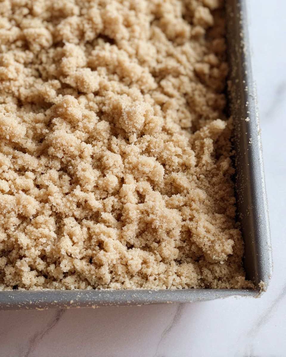 A close-up view of one layer of crumbly, light brown streusel topping filling most of a deep baking pan with slightly uneven small clumps showing a sandy texture, the pan edges visible on the right and bottom sides, placed on a white marbled surface photo taken with an iphone --ar 4:5 --v 7