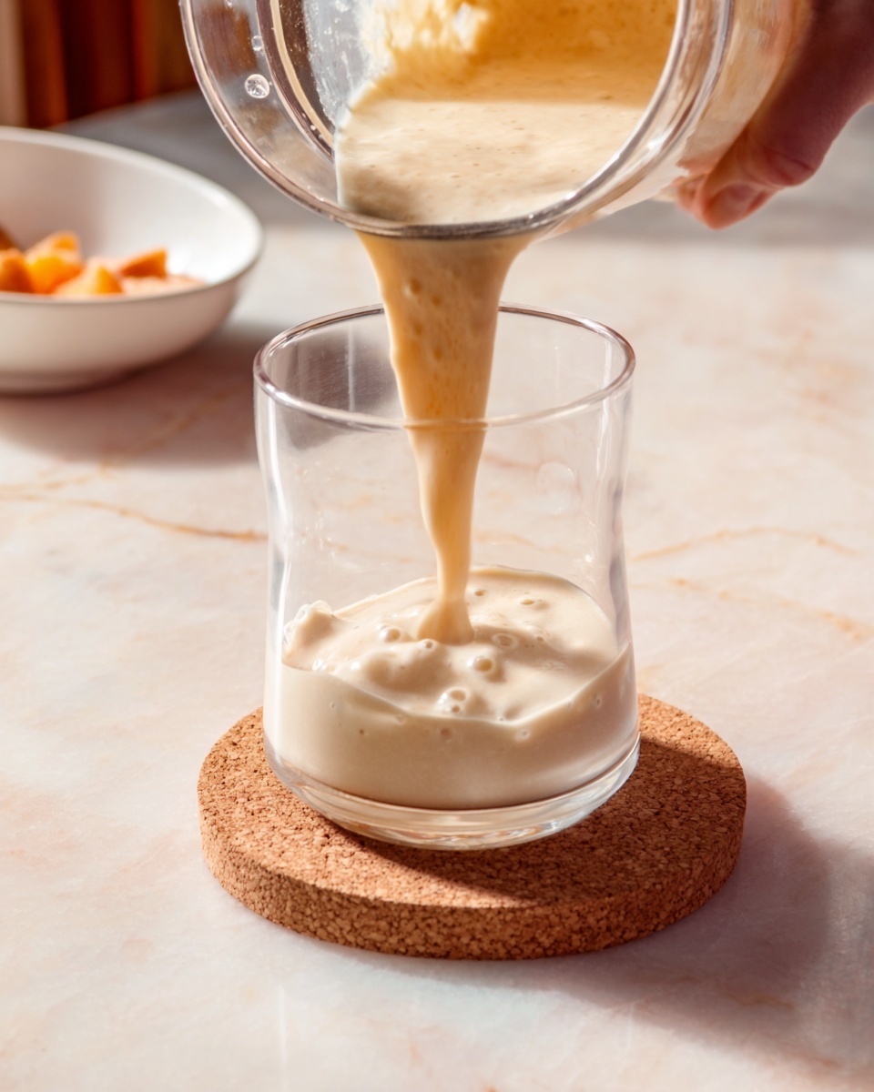 Peaches & Cream Smoothie Recipe 5 A clear glass is shown on a white marbled surface, sitting on a round cork coaster. A creamy, beige liquid is being poured slowly into the glass from a transparent container held by a woman's hand, creating smooth waves inside. The mix looks thick and smooth with some small bubbles on top, and the light softly shines on the glass, highlighting the liquid's texture. In the background, there is a blurred white bowl with some orange pieces. photo taken with an iphone --ar 4:5 --v 7