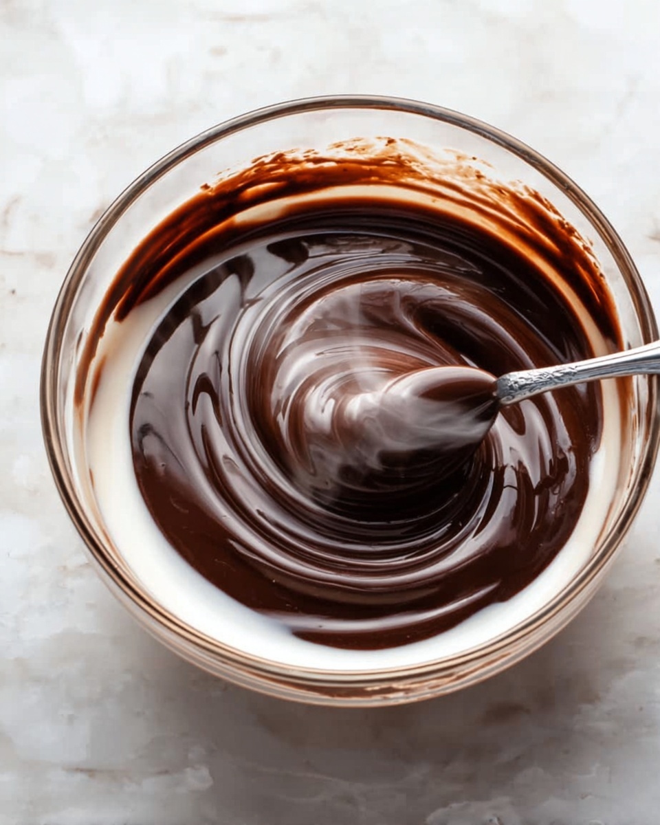 A clear glass bowl sits on a white marbled surface, filled with two visible layers: a white creamy liquid around the edges and a rich, dark brown chocolate layer in the center. A silver spoon is swirling the chocolate, creating smooth, round patterns and steam rises gently above, showing warmth. The bowl's rim has traces of chocolate where it touched the glass. Photo taken with an iphone --ar 4:5 --v 7