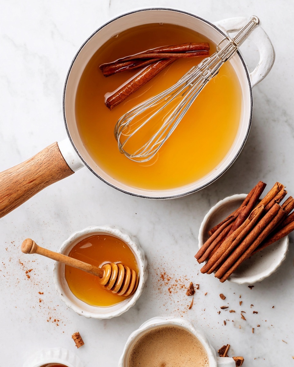 A white pot with a wooden handle holds a warm amber liquid with two cinnamon sticks floating on top and a metal whisk resting inside. To the right, a small white bowl contains several cinnamon sticks, while another white bowl above it holds honey with a wooden honey dipper partially dipped in the golden honey. Below the pot, a cup with light brown coffee foam is partially visible, and scattered cinnamon sticks lie near the bottom edge. The scene is set on a white marbled surface. photo taken with an iphone --ar 4:5 --v 7