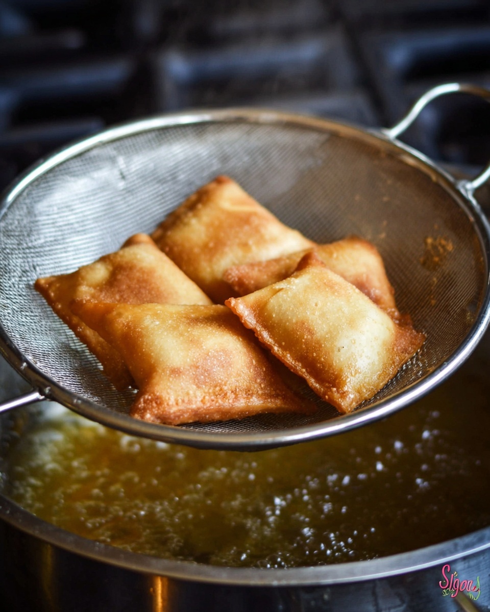 A close-up view of four golden brown fried stuffed pockets resting on a metal skimmer above a shiny silver pot with bubbling oil inside. Each pocket is square-shaped with crispy, slightly uneven surfaces and lightly browned edges. The background is dark and blurred, focusing attention on the textured, warm-toned pockets and the metal pot beneath. The scene suggests the pockets have just been fried and are being lifted out carefully. photo taken with an iphone --ar 4:5 --v 7