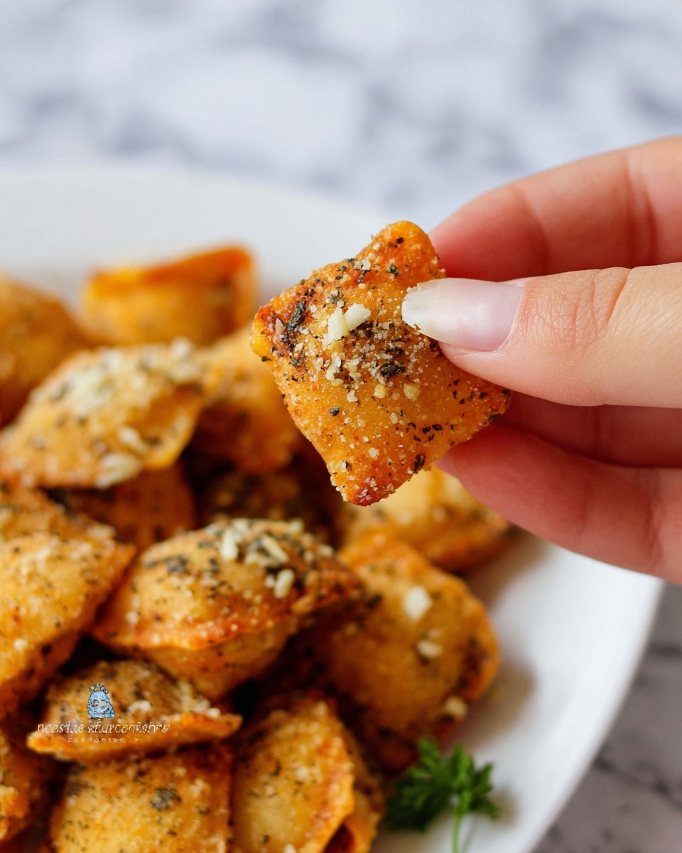 A close-up of a woman's hand holding a small, golden-brown toasted ravioli with a crispy texture. The ravioli is sprinkled with white garlic bits and black seasoning closely covering the surface. Below the hand, there is a white plate filled with more of the same crispy ravioli, all coated with the garlic and seasonings. The background is a white marbled texture, giving a clean look to the image. photo taken with an iphone --ar 4:5 --v 7