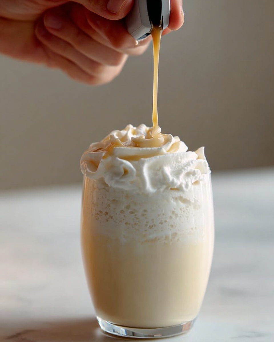 A transparent glass filled with a creamy light beige drink as the bottom layer, topped with a thick white whipped cream layer that is fluffy and textured. A woman's hand is shown above the glass, slowly pouring caramel-colored syrup over the whipped cream, creating a smooth streak down one side. The glass is placed on a white marbled surface with a softly blurred neutral background. photo taken with an iphone --ar 4:5 --v 7