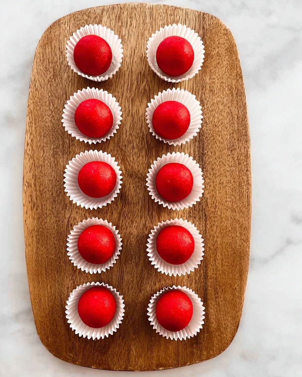 The image shows a wooden board resting on a white marbled surface. On the board, there are twelve evenly spaced bright red round balls placed inside white paper cups. The balls are smooth and vibrant in color, arranged in neat rows with four in the top row, four in the middle, and four in the bottom row. The wooden board has natural brown hues with a slightly oval shape and visible grain texture. photo taken with an iphone --ar 4:5 --v 7