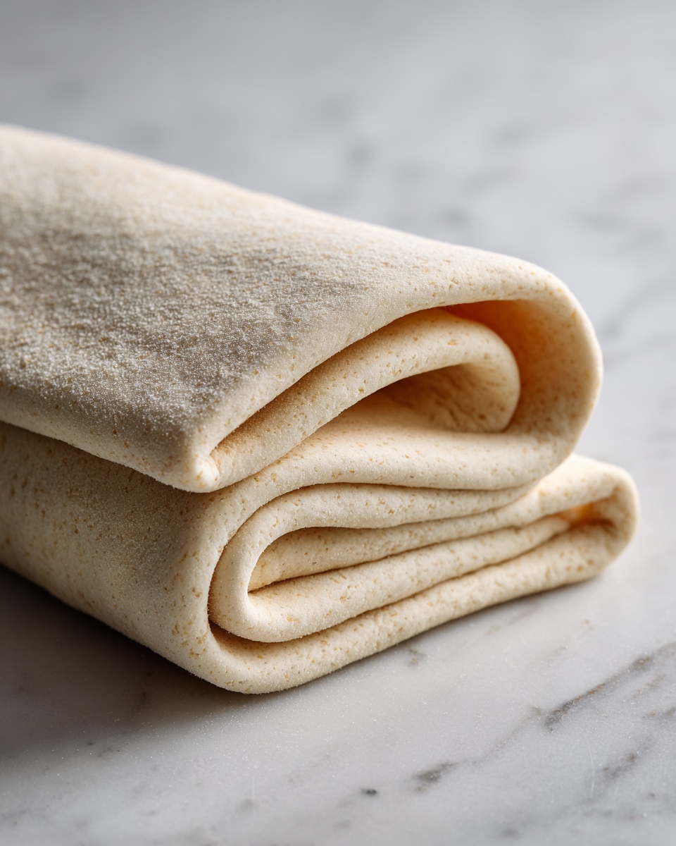 The image shows a smooth, light beige dough folded twice into a neat rectangular shape, creating three visible soft layers with slight curves on the edges. The dough has a matte texture with a few tiny flour specks and rests on a white marbled surface, giving an overall clean and simple look. photo taken with an iphone --ar 4:5 --v 7