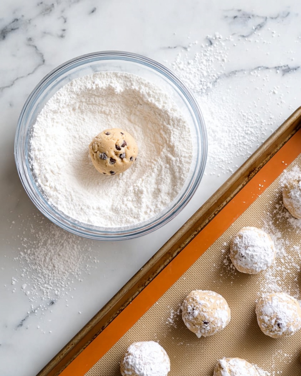The image shows a glass bowl filled with white powdered sugar with a small round ball of light tan cookie dough with chocolate chips in the center of the bowl, partially covered in the sugar. Next to this bowl is a baking tray lined with a tan baking mat, holding several more balls of the same light tan dough, and one dough ball that is fully coated in powdered sugar. The surface underneath is a white marbled texture. Photo taken with an iphone --ar 4:5 --v 7