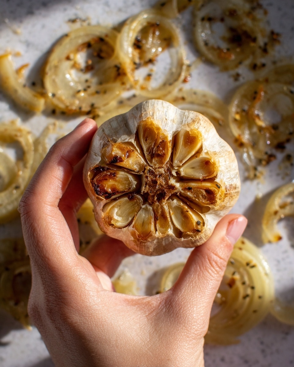 A woman's hand is holding a whole roasted garlic bulb with soft golden-brown cloves, showing a slightly charred and caramelized top. The background shows a white marbled surface scattered with cooked, translucent, and browned onion slices that look tender and lightly caramelized, with some black pepper flecks. The scene highlights warm, natural light reflecting on the textures of the roasted garlic and onions. photo taken with an iphone --ar 4:5 --v 7