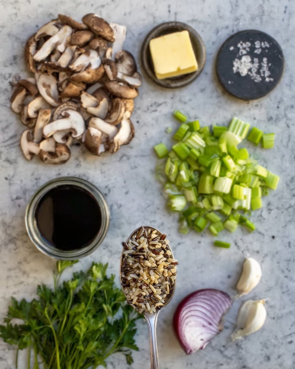 The image shows a flatware arrangement of various raw ingredients on a white marbled surface. On the top left, there is a pile of sliced brown mushrooms, next to a small chunk of yellow butter at the top center. To the right of the butter, there is a neat pile of chopped pale green celery. Below the celery, a woman’s hand is holding a spoon filled with a mixture of wild rice and grains. Below the mushrooms, there is a small purple and white onion cut in half. To the left of the onion, a glass jar filled with dark liquid, likely soy sauce, is placed. Below the onion and soy sauce jar, a bunch of fresh green parsley is spread out. Near the bottom left corner, there are two peeled white garlic cloves. The overall look is of fresh raw ingredients arranged clearly for cooking. photo taken with an iphone --ar 4:5 --v 7