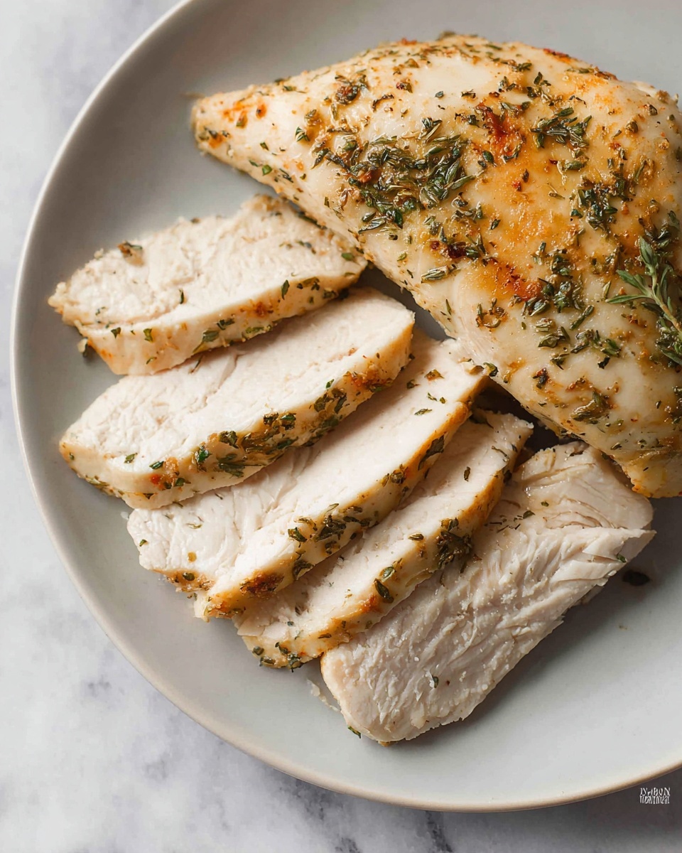 A white plate on a white marbled surface holds a piece of cooked chicken breast that is both whole and sliced. The whole piece sits at the top right, curved and pale with a light seasoning of green herbs and orange spices. Below it, five thin slices fan out diagonally, showing a moist, fibrous texture with a slight gloss. The chicken has a light golden crust with specks of herbs scattered over the tender white meat. photo taken with an iphone --ar 4:5 --v 7