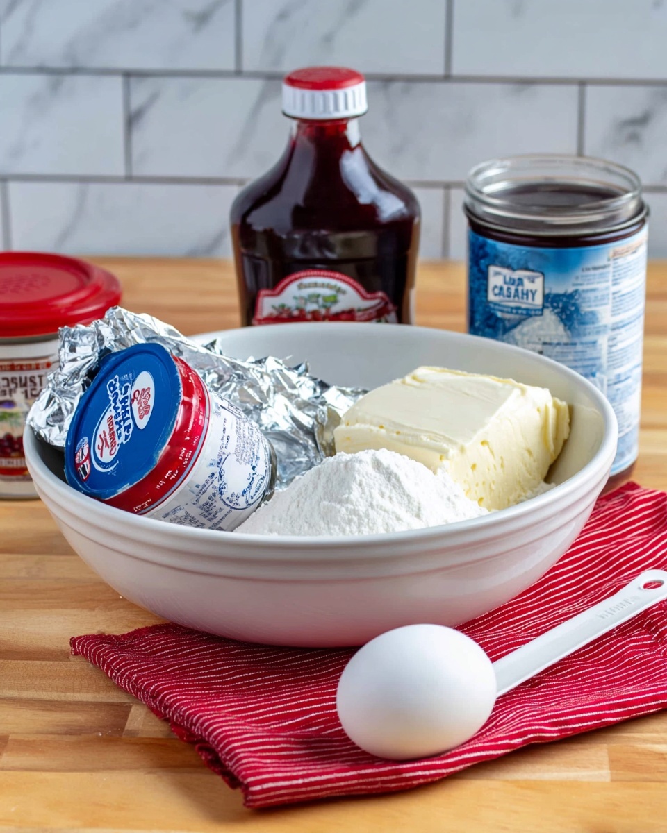 A white bowl sits on a wooden surface with a red striped cloth nearby, holding a block of cream cheese wrapped in silver foil, a blue and red can of whipped cream lying on its side, a white egg, and a white measuring spoon filled with white powder. Behind the bowl, there is a jar of dark red sour cherry jam with a white lid and a tall brown bottle with a blue and white label. The background is a white marbled texture with white tiled wall visible. photo taken with an iphone --ar 4:5 --v 7