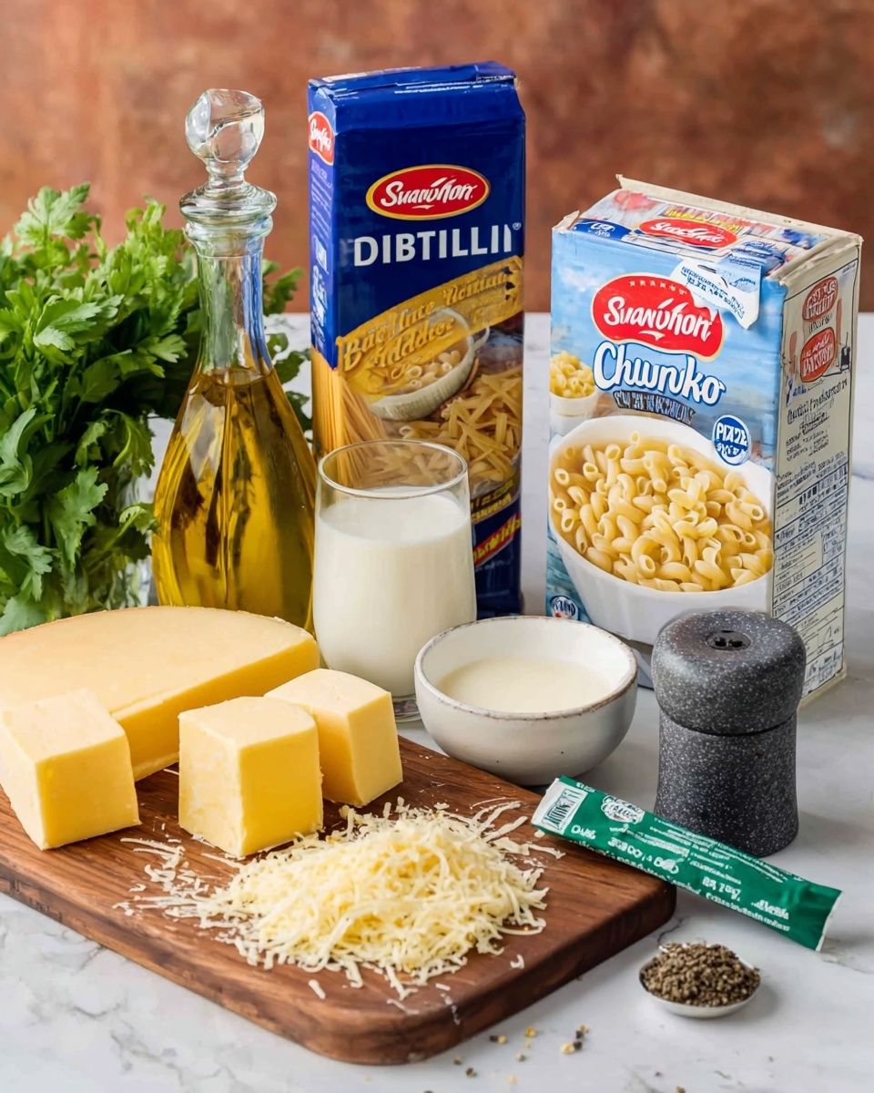 The image shows a collection of cooking ingredients arranged on a white marbled surface with a wooden background. In the front, there is a wooden cutting board with a wedge of pale yellow cheese and some shredded cheese scattered beside it. Next to the board is a small white bowl holding two cubes of yellow butter. To the left, there is a glass bottle filled with golden olive oil with a round stopper on top. Toward the center back, a blue box of Barilla ditalini pasta stands upright. On the right side, there is a white carton of Swanson chicken broth featuring an image of broth with small pasta in a white bowl. In front of the broth are a small glass of white milk and a dark gray pepper grinder filled with black pepper. There is also a green tube of minced garlic paste placed between the pasta and broth. In the background to the left, fresh green herbs in a bunch add a pop of color. photo taken with an iphone --ar 4:5 --v 7