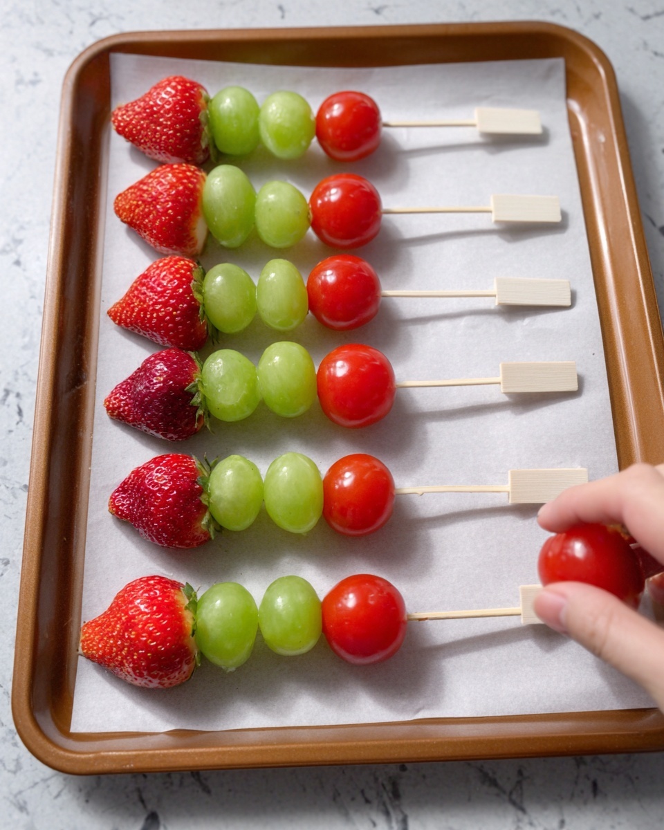 The image shows several white skewers each holding two pieces of fruit. From top to bottom, the skewers have either two strawberries, two cherry tomatoes, two green grapes, or a mix of one strawberry and one grape or cherry tomato. The fruit colors are bright red for strawberries and cherry tomatoes, and vivid green for grapes. The skewers are neatly lined up on white baking paper on a baking tray with a wooden frame. A woman's hand is placing one skewer at the bottom right corner. The background surface is white with a marbled texture. Photo taken with an iphone --ar 4:5 --v 7