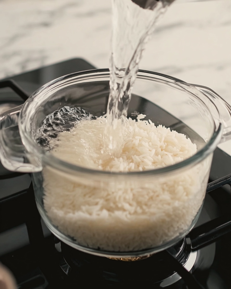 A clear glass pot filled with white uncooked rice sits on a black stove burner, and a stream of clear water is being poured into the pot, visibly splashing on top of the rice. The background and surface are a white marbled texture. Photo taken with an iphone --ar 4:5 --v 7