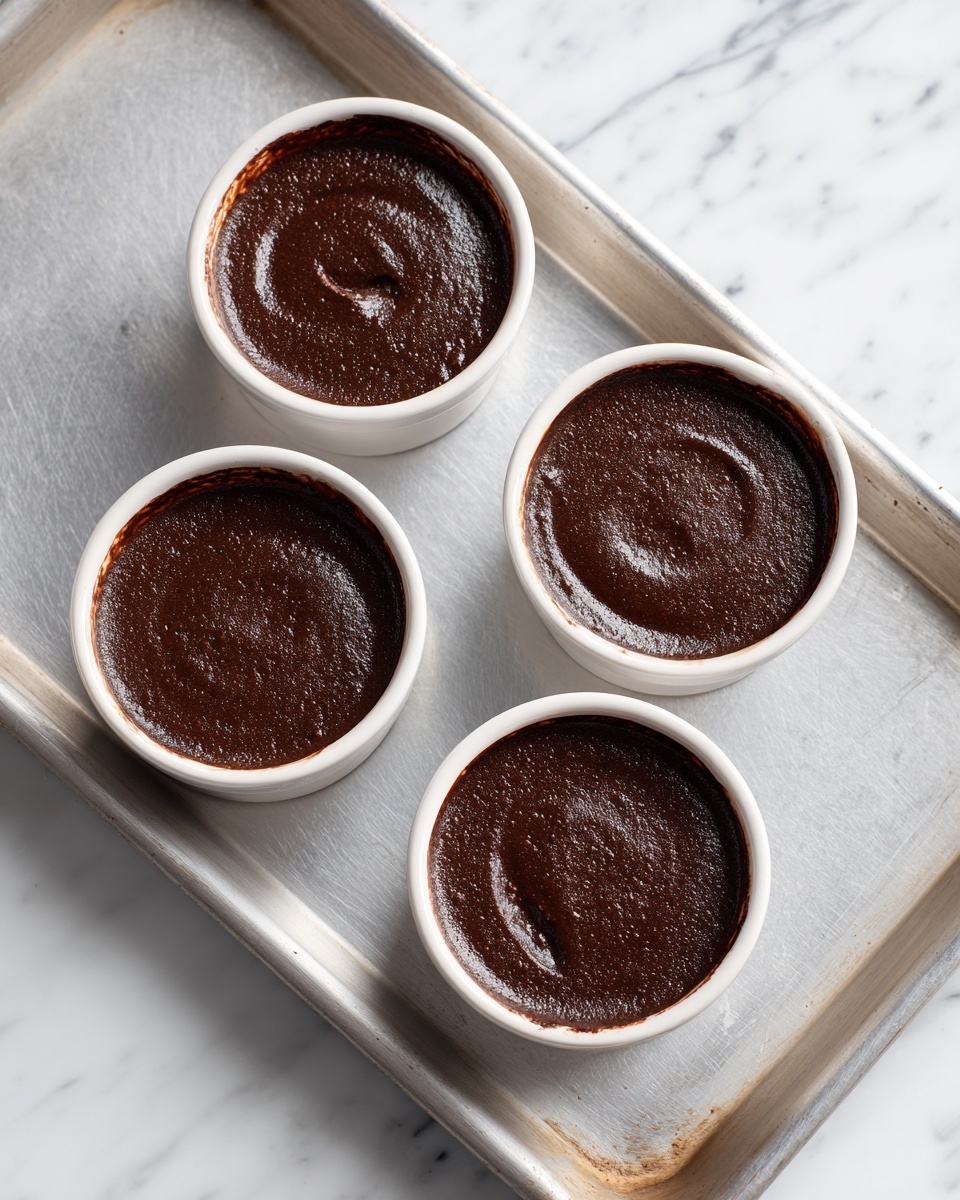 Four white round bowls are placed evenly on a silver baking tray with a smooth surface. Each bowl is filled with a thick, dark brown chocolate mixture that is smooth and glossy on top, with slight swirls and natural air bubbles. The baking tray rests on a white marbled surface. The bowls are arranged in two rows with two bowls in each row. photo taken with an iphone --ar 4:5 --v 7