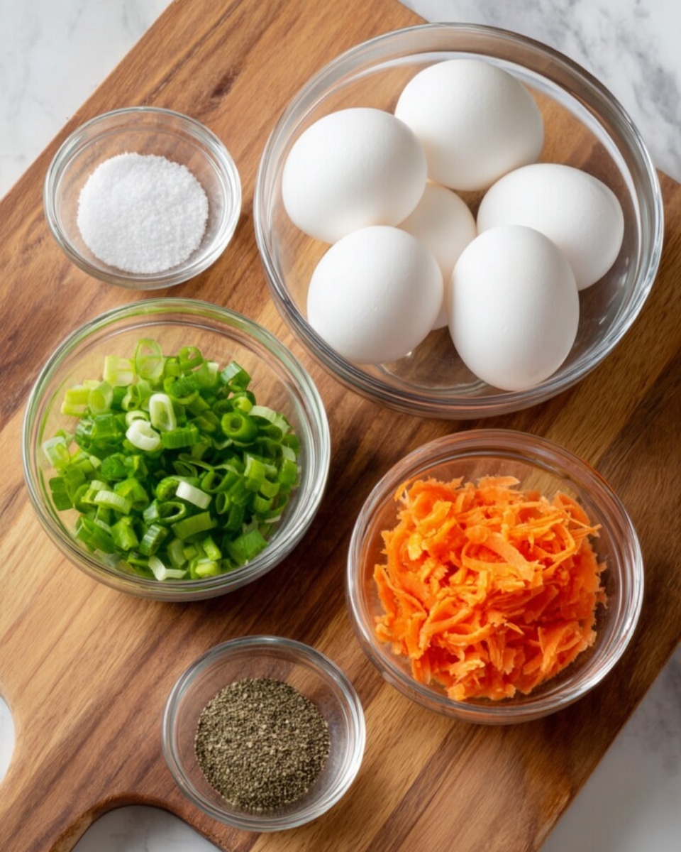 The image shows a wooden board with five clear glass bowls arranged on it. The largest bowl, placed near the top right, holds four smooth white eggs. Below and to the left of it, a smaller bowl contains chopped bright green spring onions. To the right, another small bowl is filled with small pieces of shredded orange carrot. On the top left, a bowl with coarse white salt is visible, next to it is another bowl holding ground black pepper. The background is a white marbled texture. photo taken with an iphone --ar 4:5 --v 7