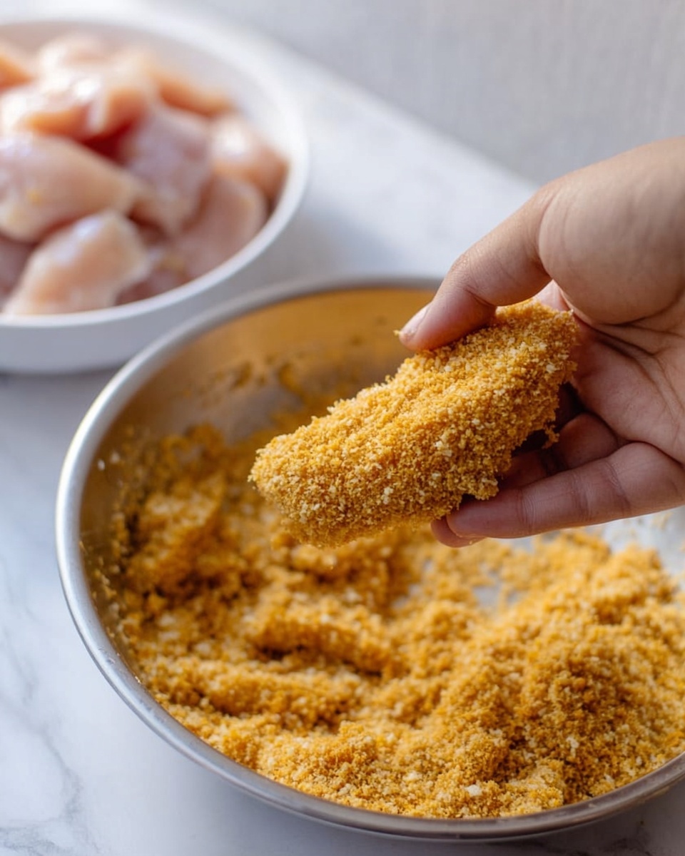 A close-up photo shows a woman's hand holding a piece of raw chicken coated in golden, crunchy crumbs over a large silver bowl filled with the same crumb mixture. In the background, there is a white bowl with more raw pieces of chicken, all placed on a white marbled surface. The scene captures the moment of coating the chicken with crumbs, focusing on the texture and color contrast between the chicken and the crunchy crumbs. photo taken with an iphone --ar 4:5 --v 7