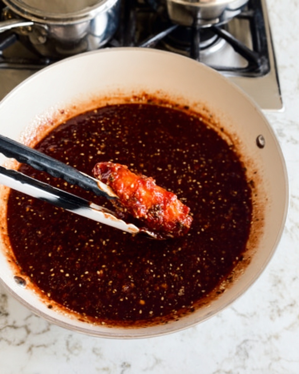A white pan on a white marbled surface holds a dark red sauce filled with small bits and seeds. A pair of black and white tongs hold a bright orange-red piece of food, partially submerged in the thick sauce. The sauce looks slightly shiny and has a textured surface with visible spices and herbs. The background shows a stove with silver pots and pans. Photo taken with an iphone --ar 4:5 --v 7