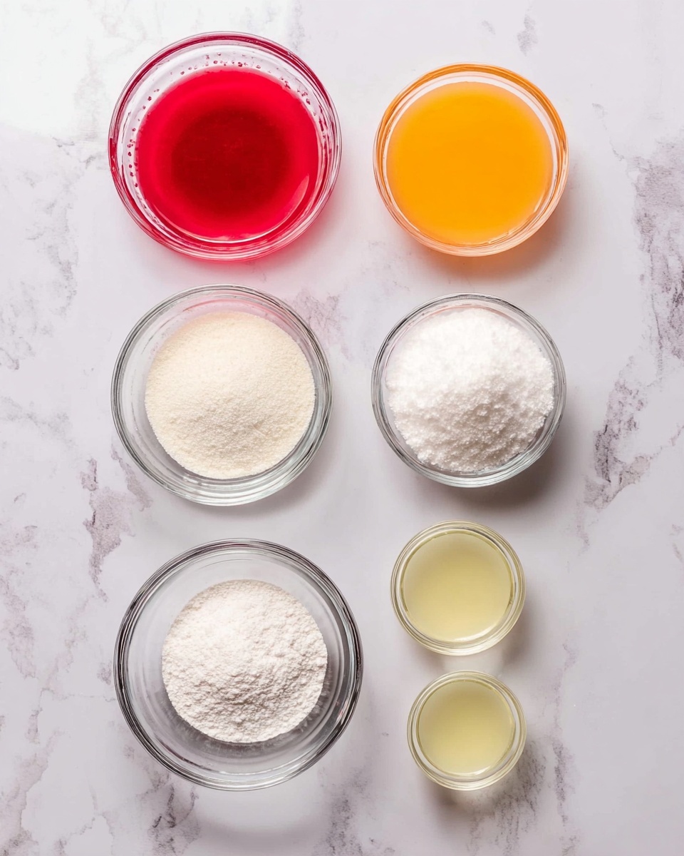 The image shows eight clear glass bowls arranged in four rows on a white marbled surface. The top row has two larger bowls with bright red and orange liquids. Below them, two similarly sized bowls hold fine white powders, appearing like sugar. The third row contains two smaller bowls with finer white powders placed side by side. The bottom row has two tiny bowls filled with a clear yellowish liquid. The overall look is clean and neat, with the ingredients clearly separated in transparent bowls, creating a colorful and organized display photo taken with an iphone --ar 4:5 --v 7