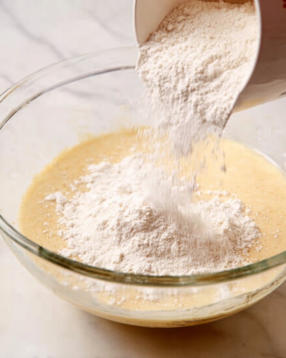 A close-up image shows flour being poured from a white measuring cup into a clear glass bowl that contains a smooth, light yellow batter. The glass bowl is set on a white marbled surface. The flour looks soft and powdery, blending into the batter below. The scene focuses on the top view of the bowl and the motion of flour falling gently into it, with soft natural light illuminating the textures. photo taken with an iphone --ar 4:5 --v 7