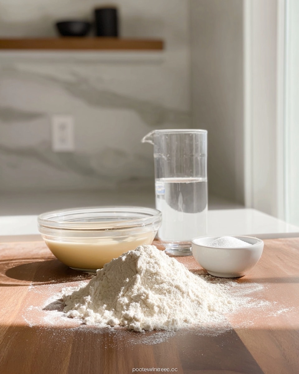 The image shows a close-up of four key baking ingredients placed on a wooden table with soft sunlight casting shadows. At the center front is a mound of white flour with some scattered around its base, creating a soft powdery texture. To the left of the flour, there is a clear glass bowl filled with a beige liquid mixture, smooth and slightly glossy. On the right side of the flour mound, a small white bowl contains some white granulated salt, its fine texture visible. Behind the ingredients, a clear glass measuring cup filled with water stands, reflecting the light softly. The background is a kitchen with white walls and shelves, with the whole scene set on a white marbled surface photo taken with an iphone --ar 4:5 --v 7