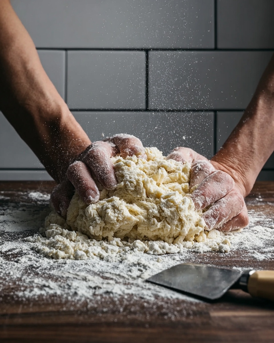 Two hands kneading a large mound of pale yellow dough dusted with white flour on a dark wooden surface covered in more flour. The dough looks soft and uneven, with small lumps and an irregular texture. A metal dough scraper with a wooden handle lies next to the dough on the right side. The background shows white tile walls with dark grout lines. The woman’s hands press firmly into the dough, causing flour to scatter slightly in the air. The lighting highlights the contrast between the dough and the shadowed parts of the hands. photo taken with an iphone --ar 4:5 --v 7