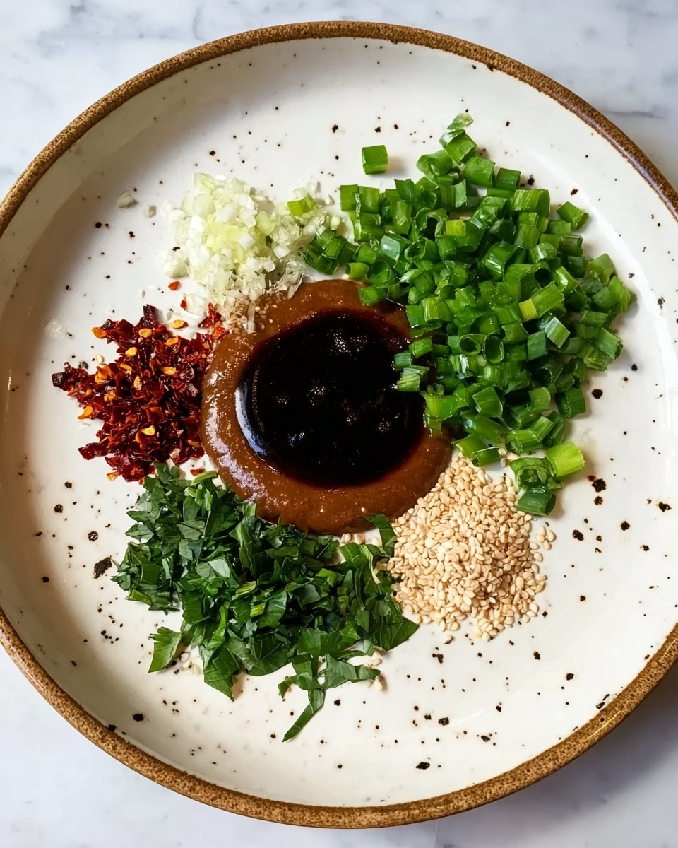A white plate on a white marbled surface holds various ingredients arranged in a circle around a central layer. The center has a thick brown sauce with a glossy dark brown liquid pooling in the middle. Around this, six small piles form a ring: finely chopped bright green scallions on the right, small white sesame seeds on the top right, finely minced pale garlic in the top center, coarse flakes of dark red chili on the top left, chopped dark green fresh basil on the left, and chopped parsley with a rich green shade at the bottom. The plate has small dark specks scattered unevenly. Photo taken with an iphone --ar 4:5 --v 7