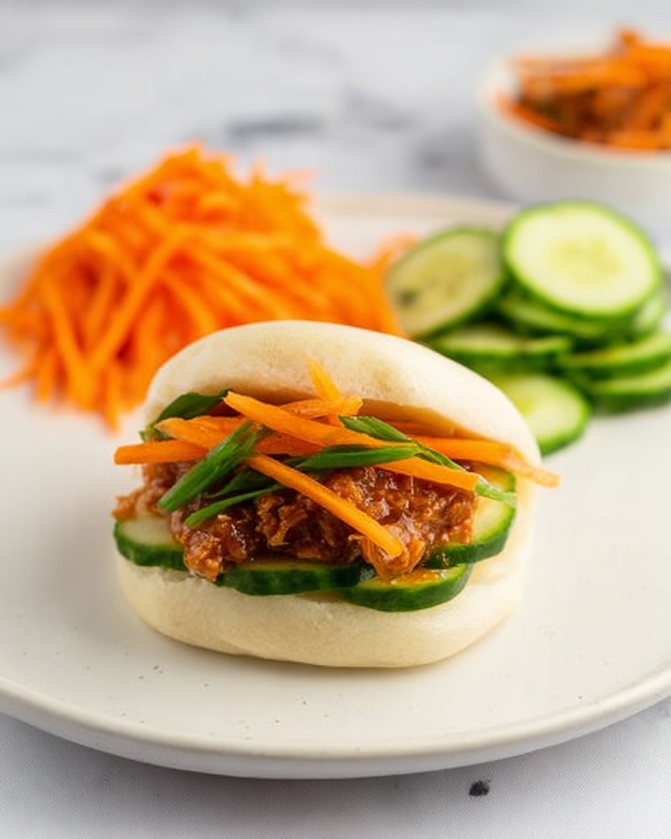 A white round steamed bun sits in the front center on a white plate with a white marbled background. The bun is open slightly showing three layers inside: bright green cucumber slices at the bottom, a spread of chunky brownish-orange filling in the middle mixed with small green onion pieces, and thin orange carrot sticks on top. In the background on the plate, out of focus, there is a heap of shredded carrots on the left and a small pile of sliced cucumber rounds on the right, both fresh and crisp-looking. Photo taken with an iphone --ar 4:5 --v 7