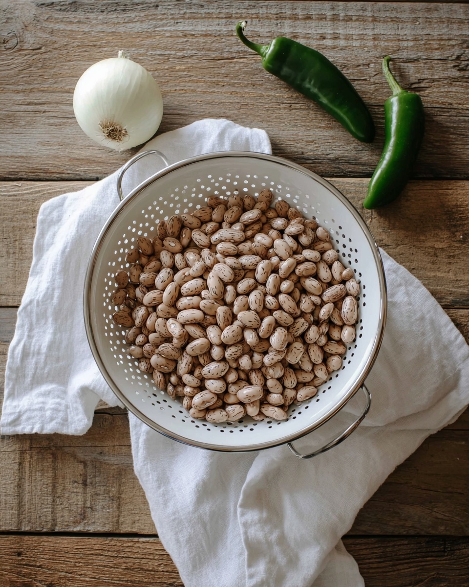 A white colander filled with light brown beans that have some darker speckles, placed on top of a white cloth on a wooden surface with a rough texture; to the left of the colander is a white onion, and to the upper right are two green chili peppers, all arranged neatly with soft natural light. photo taken with an iphone --ar 4:5 --v 7