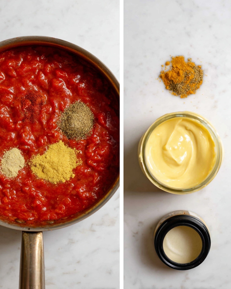 The first image shows a pan filled with a thick red sauce that looks rich and chunky. In the middle of the sauce, there are small piles of different dry spices in yellow, brown, and beige colors, creating small spots on the surface. The pan is placed on a white marbled surface. The second image shows a small jar filled with a smooth, pale yellow cream, with its black lid beside it. The jar and lid are placed on a white marbled surface with a clean background. photo taken with an iphone --ar 4:5 --v 7