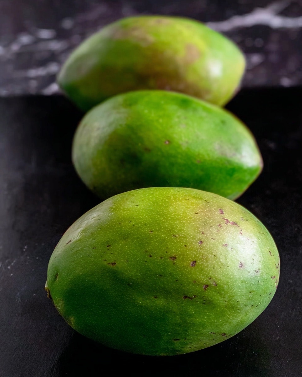 Three whole green mangoes are placed in a row on a black surface, each mango showing smooth skin with slight variations in green shades and small dark specks. The mangoes are arranged front to back, with the closest one fully visible and the others slightly blurred in the background, emphasizing depth. The background is a white marbled texture. Photo taken with an iphone --ar 4:5 --v 7
