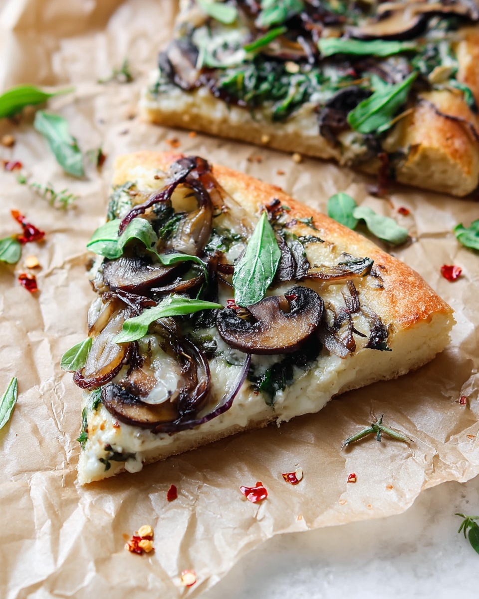 A close-up of two slices of square pizza on crinkled parchment paper over a white marbled surface, each slice showing three main layers: the golden-brown thick crust at the bottom, a creamy white cheese layer beneath, and a topping layer with cooked dark brown mushrooms, translucent caramelized onions, and fresh green leafy herbs spread unevenly on top; small red chili flakes and a few sprigs of herbs are scattered around the slices, giving a fresh and spicy look, photo taken with an iphone --ar 4:5 --v 7