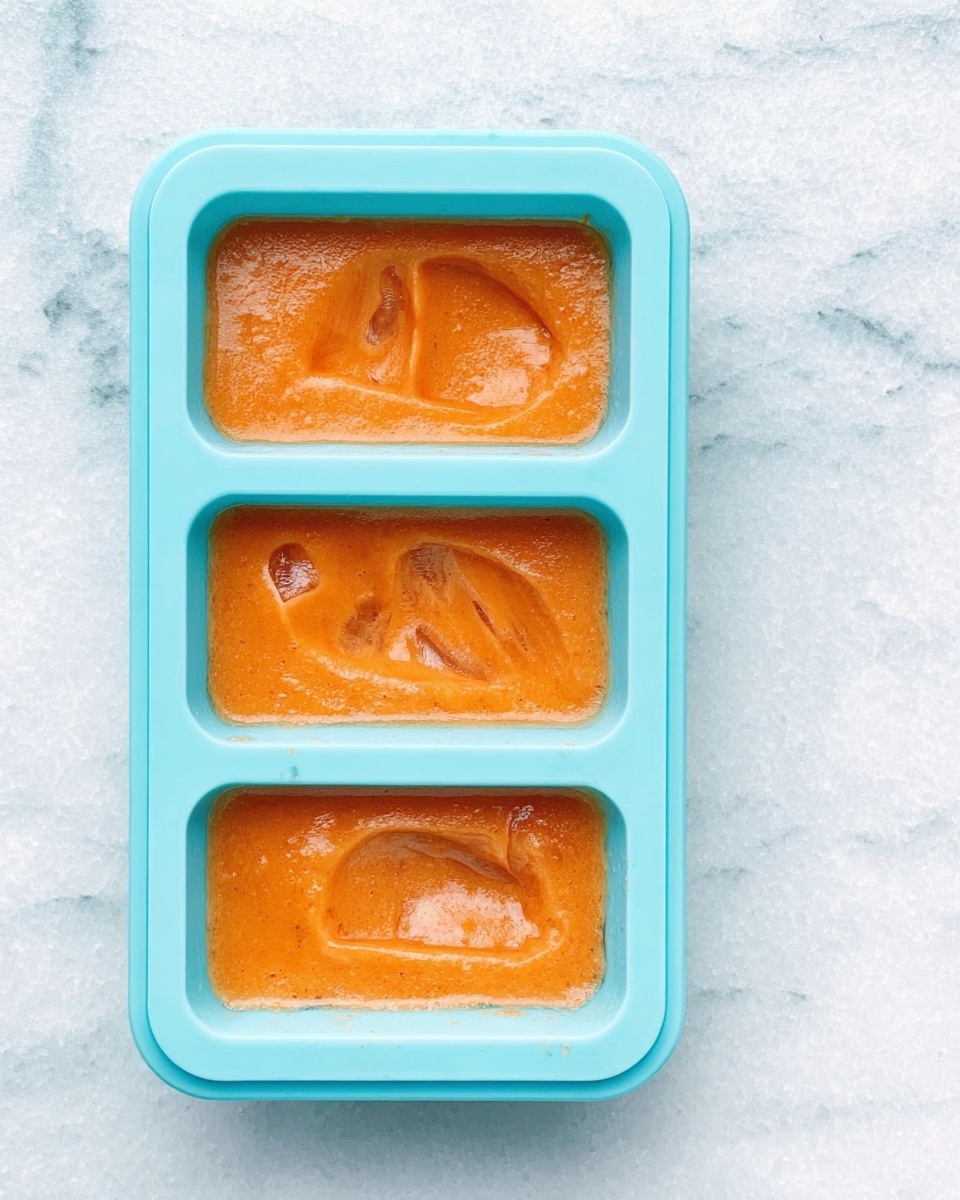 The image shows a light blue ice cube tray with three rectangular compartments filled with an orange, smooth mixture that has a creamy and slightly thick texture, visible swirls and a few small air bubbles on the surface. The tray is placed on a white marbled textured surface. photo taken with an iphone --ar 4:5 --v 7