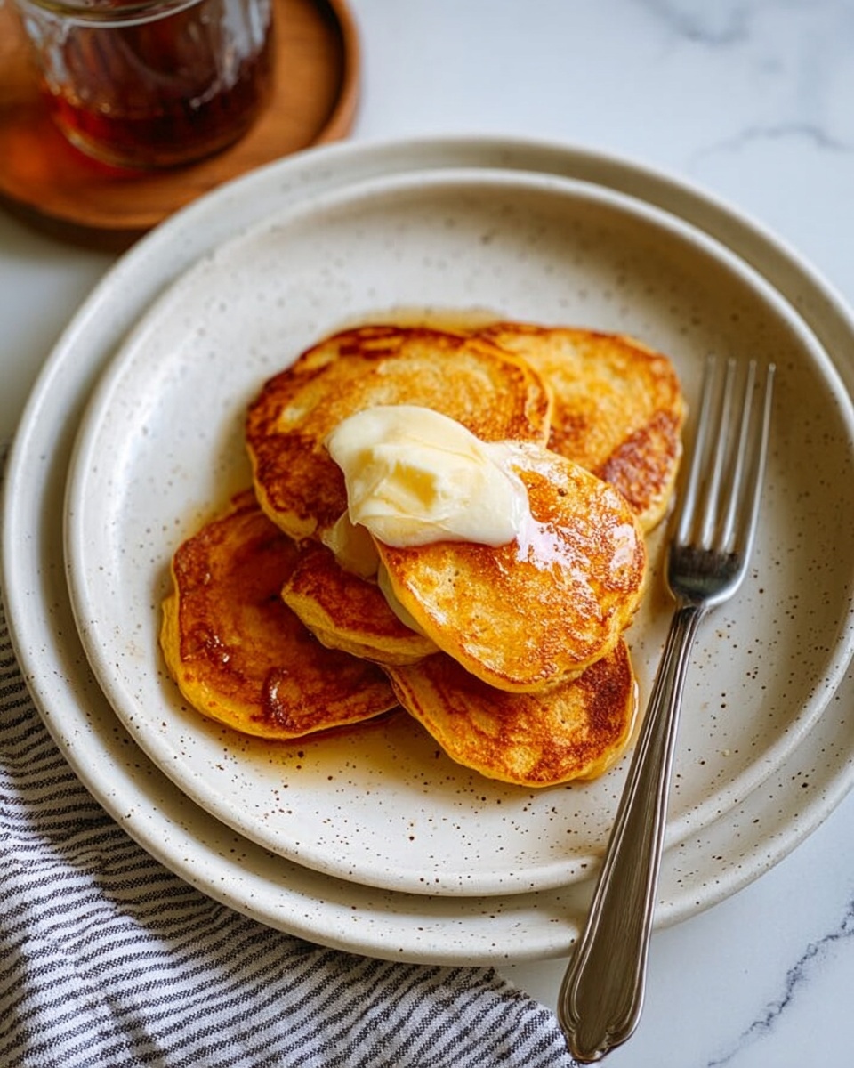 A stack of small, round pancakes with a golden brown color sits in the center of a white speckled plate. The pancakes are layered unevenly, showing their fluffy texture, and a dollop of melting butter is placed on top of the stack. A silver fork rests on the right side of the plate. The plate is on top of a larger plain white plate, and the background shows a white marbled surface with part of a striped cloth napkin and a small glass jar filled with syrup. Photo taken with an iphone --ar 4:5 --v 7
