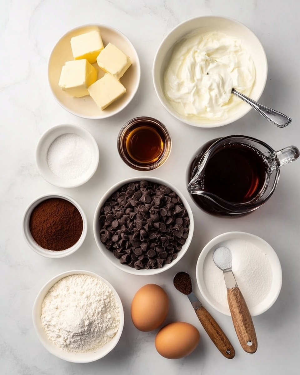 The image shows nine white bowls and containers on a white marbled surface, each holding different baking ingredients arranged in a loose circular pattern. At the top left, a small white bowl contains four pieces of pale yellow butter cubes. Next to it on the right is a larger white bowl filled with thick white yogurt, a spoon resting inside. Below that, a large white pitcher holds dark amber maple syrup with a black lid. At the center is a white bowl filled with dark chocolate chips, looking rough and uneven in texture. Below that, another small white bowl contains dark brown cocoa powder. To its left, a smaller white bowl holds white granulated sugar. Further left beneath the butter is a tiny bowl holding dark brown vanilla extract. At the bottom left is a medium white bowl filled with white flour, and next to it on the right are two light brown eggs resting directly on the surface. A pair of wooden-handled measuring spoons lies between the vanilla and sugar bowls. Everything is set against a clean white marbled background, photo taken with an iphone --ar 4:5 --v 7