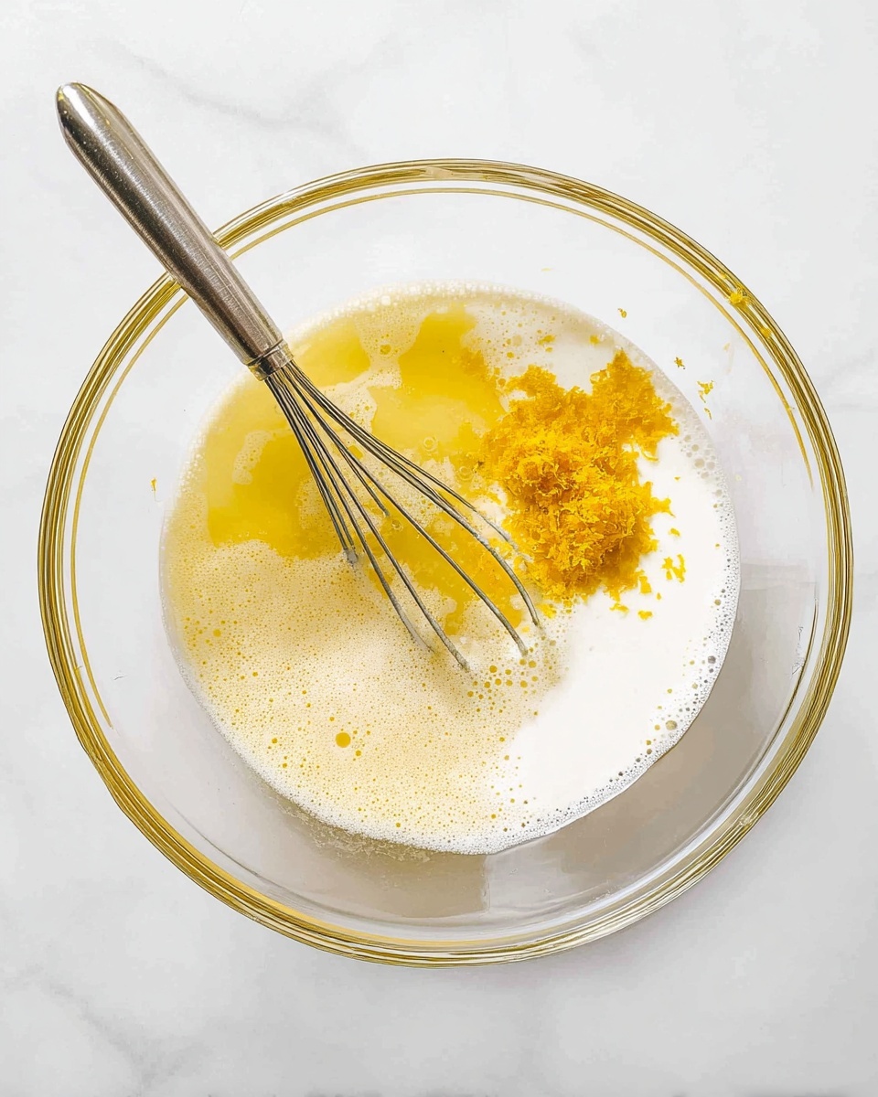 A clear glass bowl sits on a white marbled surface filled with four visible layers of liquid and grated zest, starting with a light yellow frothy layer at the bottom, followed by a darker golden yellow liquid on the left side, a creamy white liquid on the right, and a small pile of bright yellow zest near the top right. A silver metal whisk rests inside the bowl, with its handle extending out to the top left, partially submerged in the liquids and zest. photo taken with an iphone --ar 4:5 --v 7